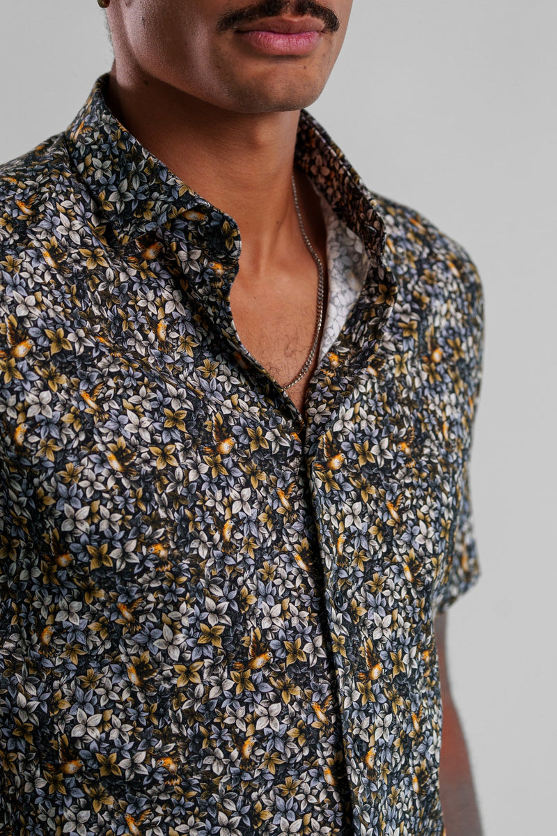 Stone Rose Floral Print Pattern SS Woven Shirt