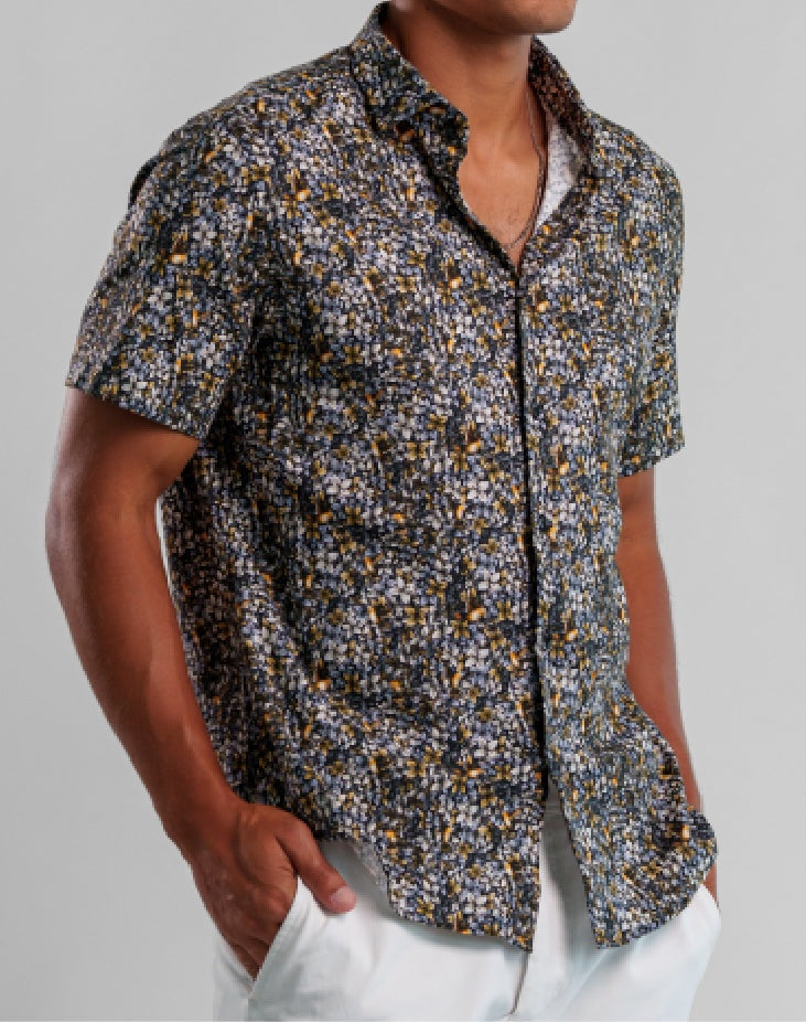 Stone Rose Floral Print Pattern SS Woven Shirt